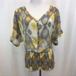 Jenny Han $129 Silk Yellow and Gray Tie Dye Ruffle Blouse Top Sz S